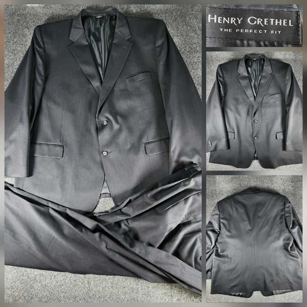 Henry Grethel‎ 2 Piece Suit Mens 54L Pants 53X28 Navy Pin Stripe Wool Blend